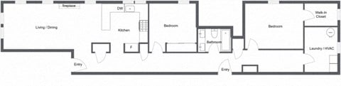Floor plan for 2 beds, 1 bath, 1273 sqft